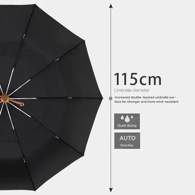 Windproof Automatic Umbrella – 115 cm, Wooden Handle