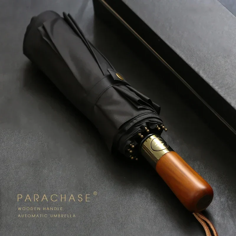 Windproof Automatic Umbrella – 115 cm, Wooden Handle