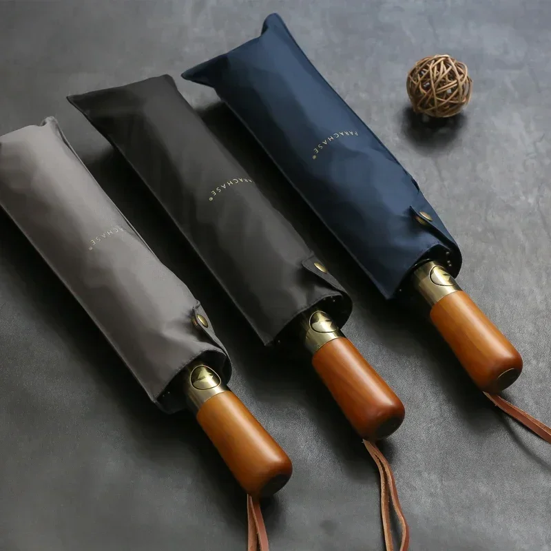 Windproof Automatic Umbrella – 115 cm, Wooden Handle